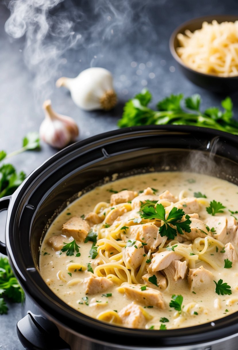 A slow cooker filled with creamy chicken Alfredo bubbling with steam. Onions and garlic scattered around. Garnished with fresh parsley