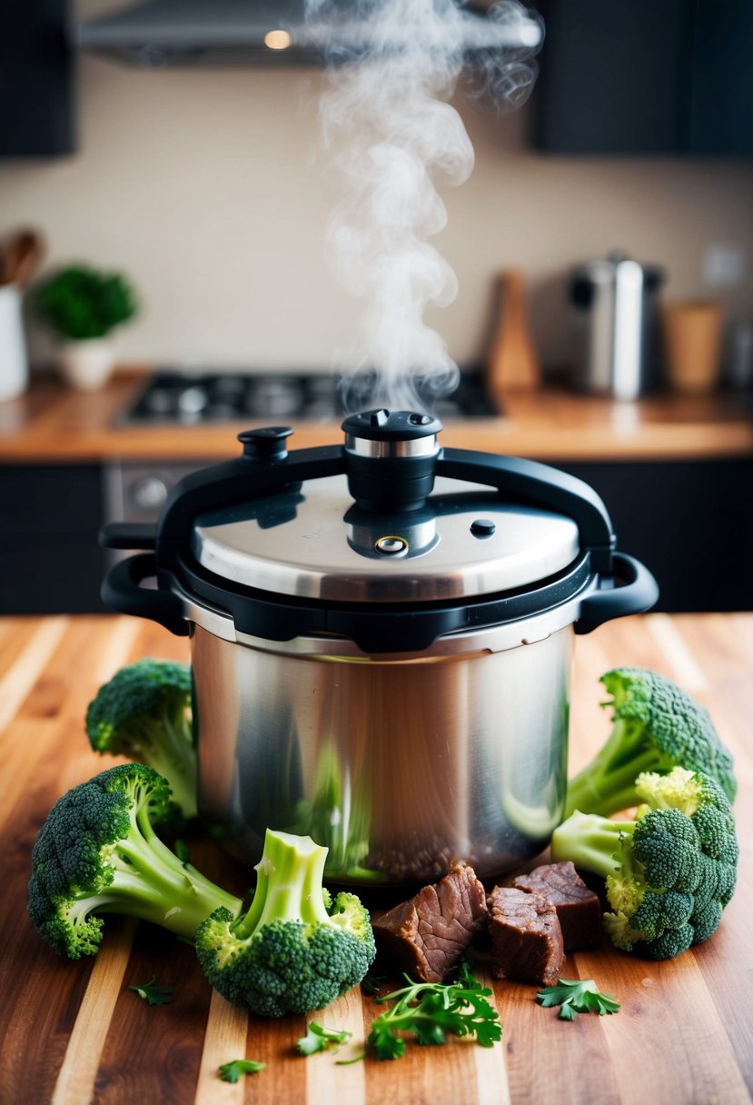 A steaming pressure cooker surrounded by fresh broccoli and chunks of beef, with a tantalizing aroma wafting through the kitchen