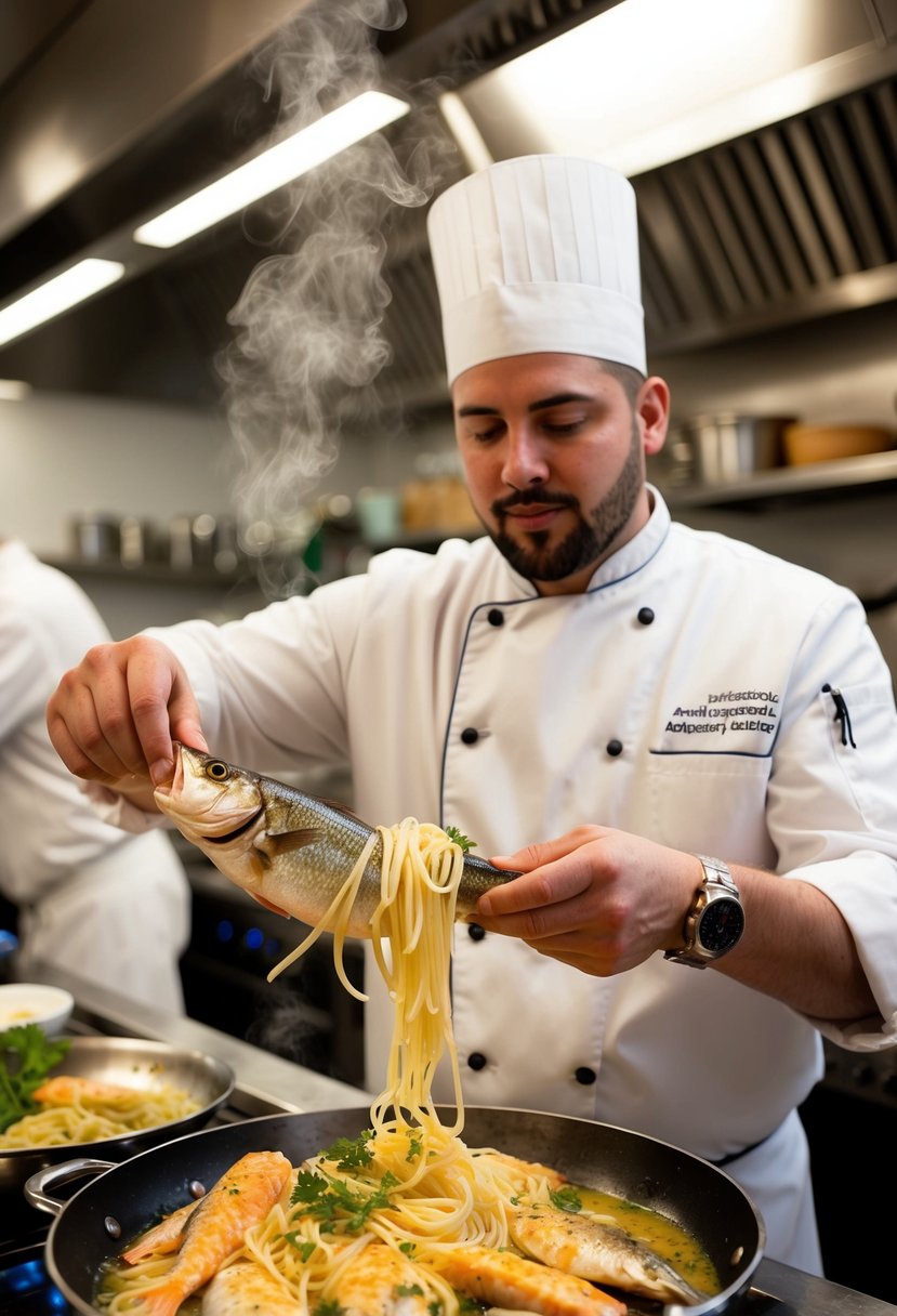 A chef prepares perch scampi with angel hair pasta in a bustling restaurant kitchen. Steam rises from the sizzling fish as the chef adds a sprinkle of fresh herbs