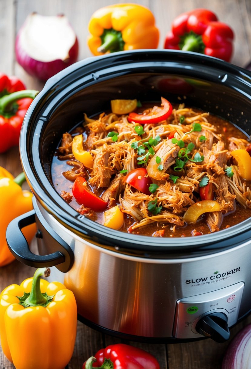 A steaming slow cooker filled with spicy pulled pork, surrounded by vibrant peppers and onions