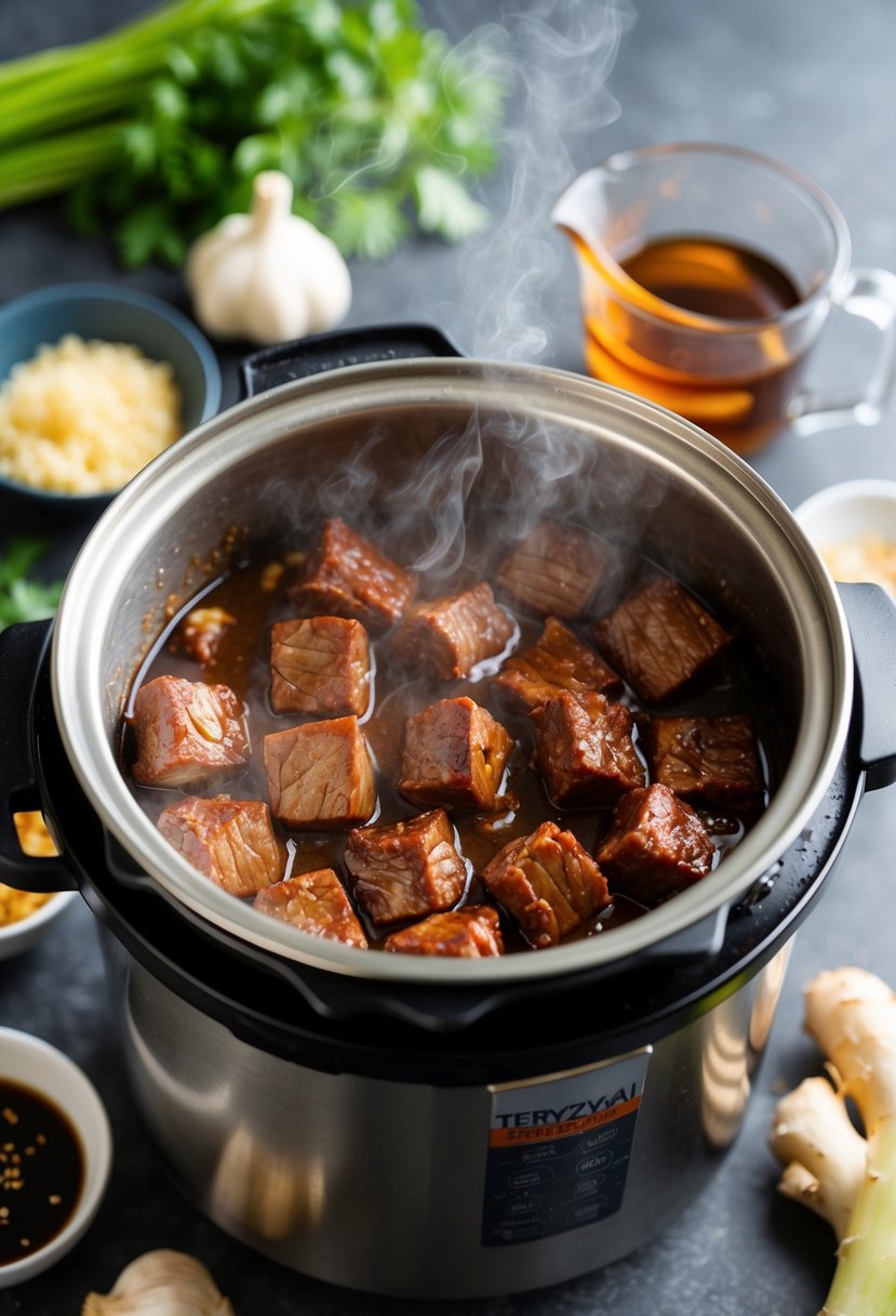 A steaming pot of teriyaki beef tips cooks in a pressure cooker, surrounded by ingredients like garlic, soy sauce, and ginger