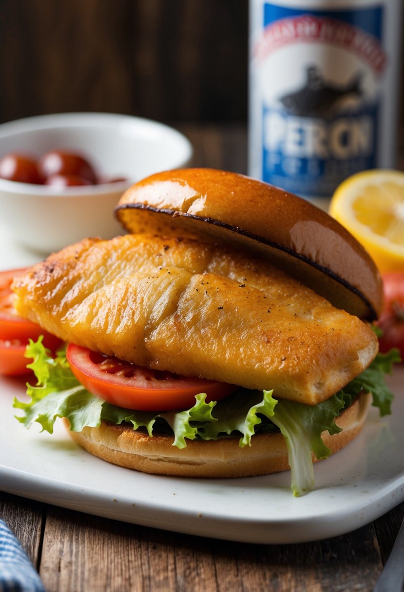 A golden-brown perch fillet sits atop a toasted bun, surrounded by a bed of crisp lettuce and sliced tomatoes