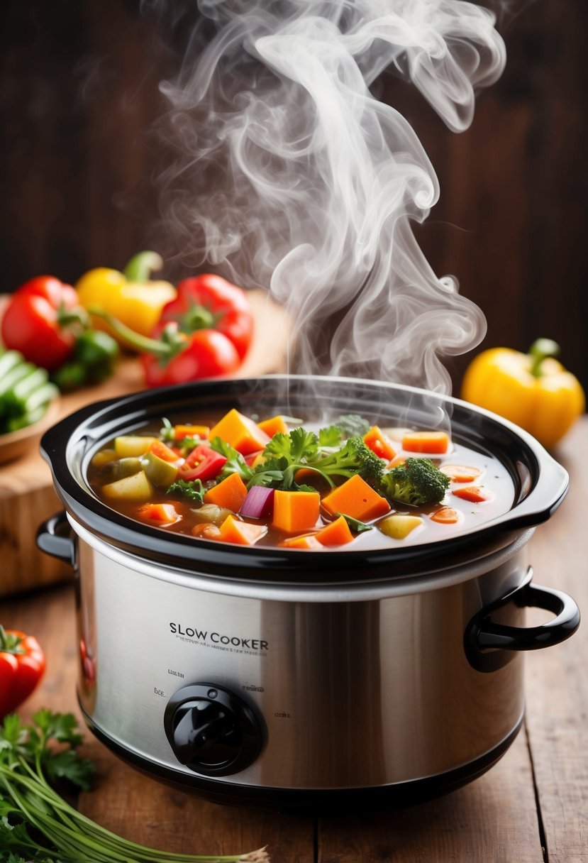 A bubbling slow cooker filled with colorful vegetables and steaming broth