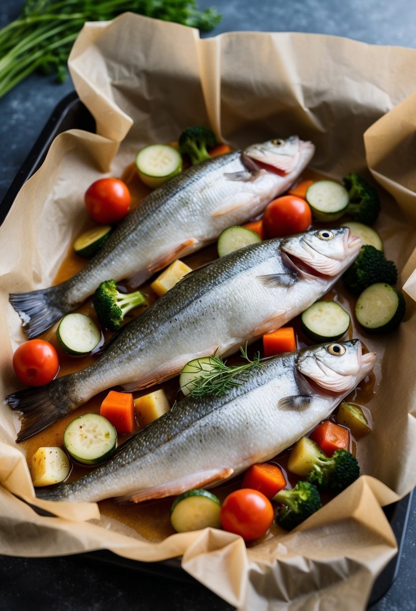 Perch fillets and vegetables wrapped in parchment paper, ready for baking