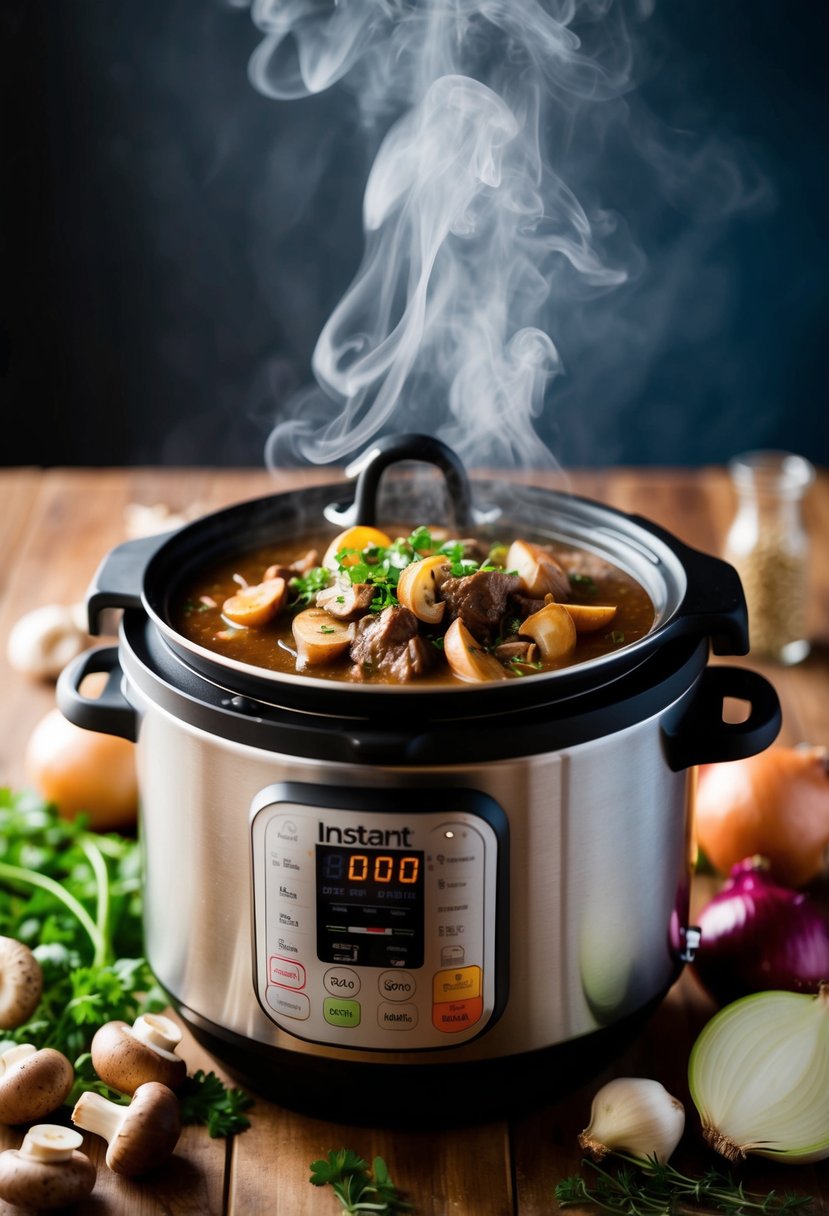 A steaming Instant Pot filled with savory beef stroganoff, surrounded by fresh ingredients like mushrooms, onions, and herbs