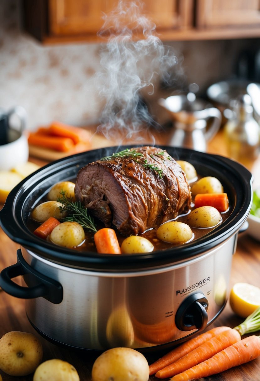 A hearty pot roast simmering in a slow cooker, surrounded by carrots, potatoes, and onions, with savory aromas filling the kitchen