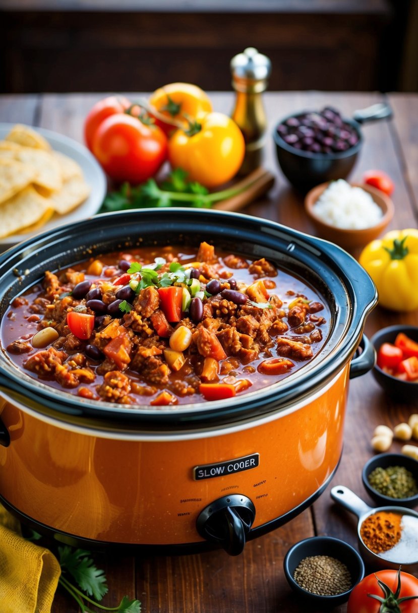 A bubbling slow cooker filled with hearty chili con carne, surrounded by colorful ingredients like beans, tomatoes, and spices