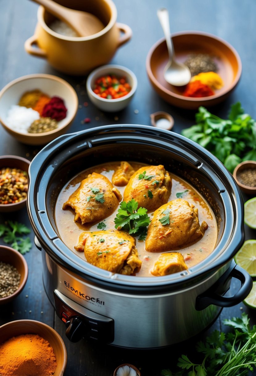 A slow cooker filled with simmering coconut curry chicken, surrounded by colorful spices and fresh herbs