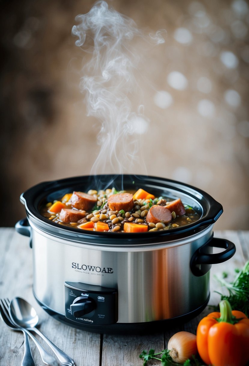 A bubbling slow cooker filled with lentils, sausage, and vegetables, emitting a savory aroma