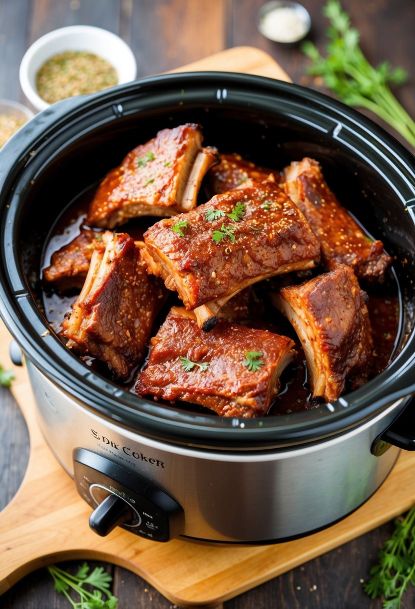 A slow cooker filled with succulent barbecue ribs, surrounded by a savory sauce and aromatic seasonings