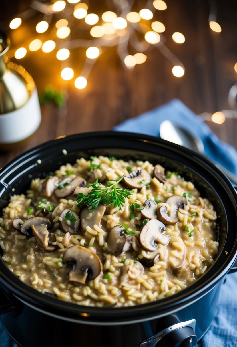 A bubbling slow cooker filled with creamy mushroom risotto