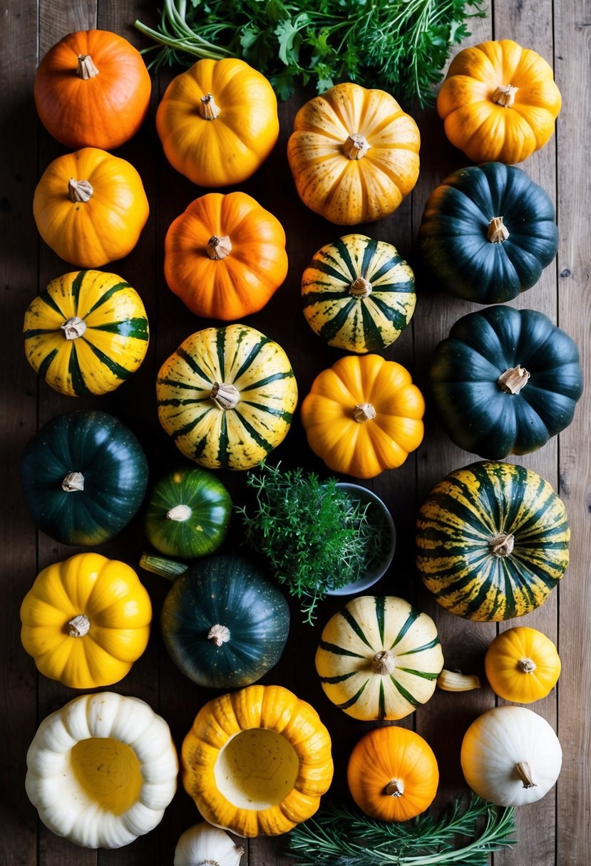 A colorful array of squash varieties arranged on a rustic wooden table, surrounded by fresh herbs and other whole 30 compliant ingredients