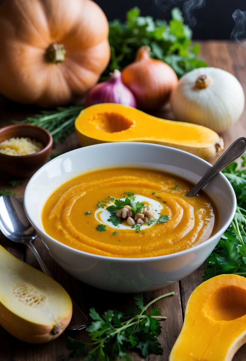 A steaming bowl of creamy butternut squash soup surrounded by fresh ingredients like squash, onions, and herbs, ready to be served