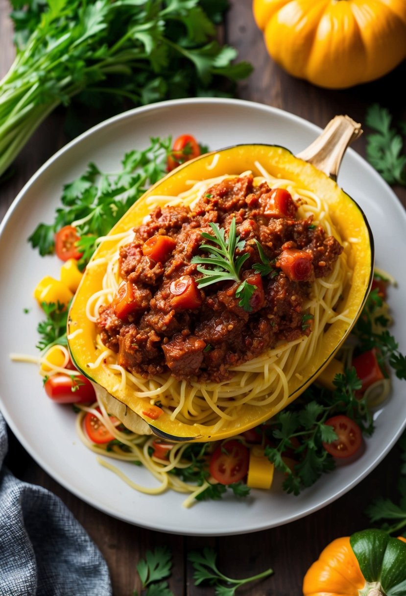 A steaming plate of spaghetti squash topped with rich bolognese sauce, surrounded by fresh herbs and colorful vegetables