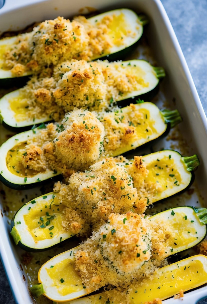 Fresh zucchini and yellow squash arranged in a baking dish, topped with a golden, crispy crust of breadcrumbs and herbs