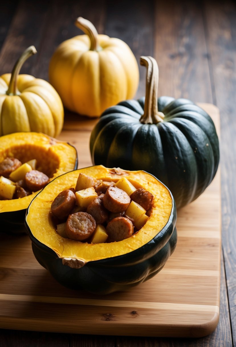 An acorn squash sits on a wooden cutting board, halved and filled with a savory mixture of sausage and apples, ready to be baked