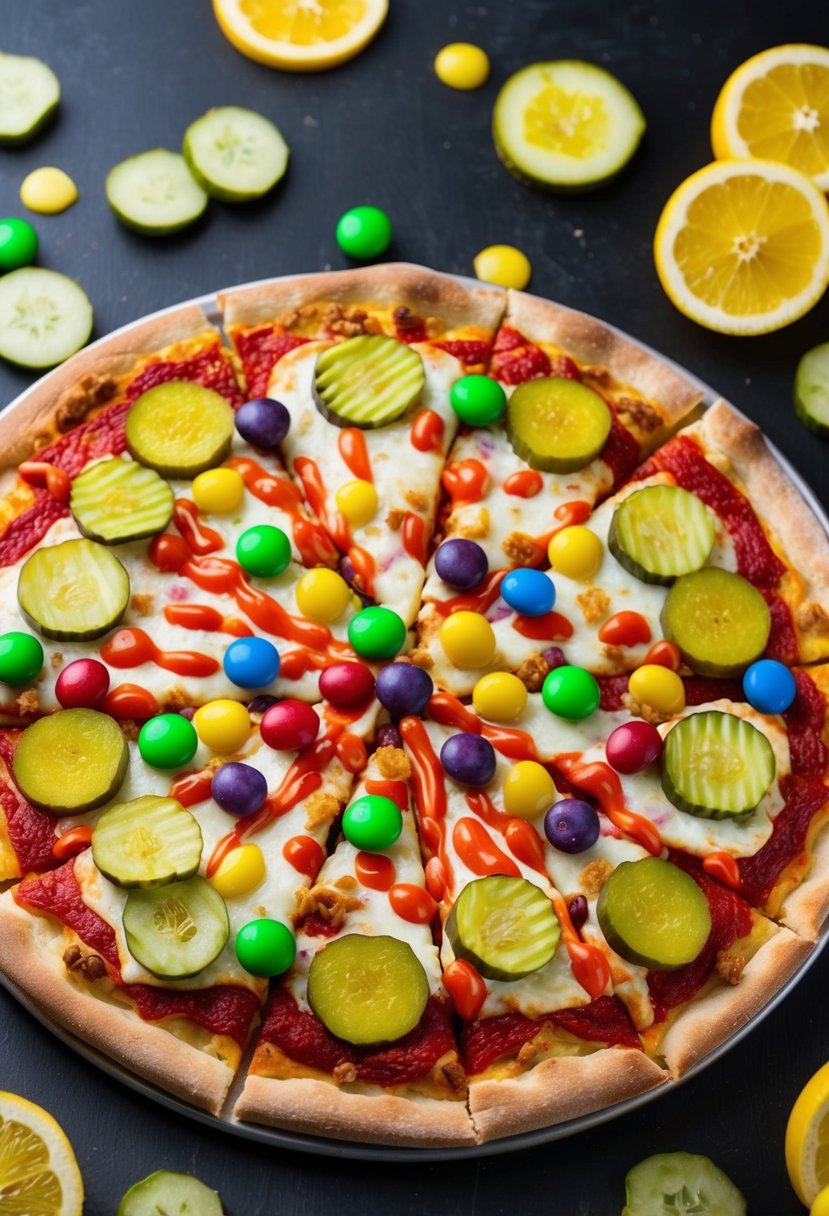 A pizza topped with candy, pickles, and hot sauce, surrounded by floating slices of fruit and vegetables