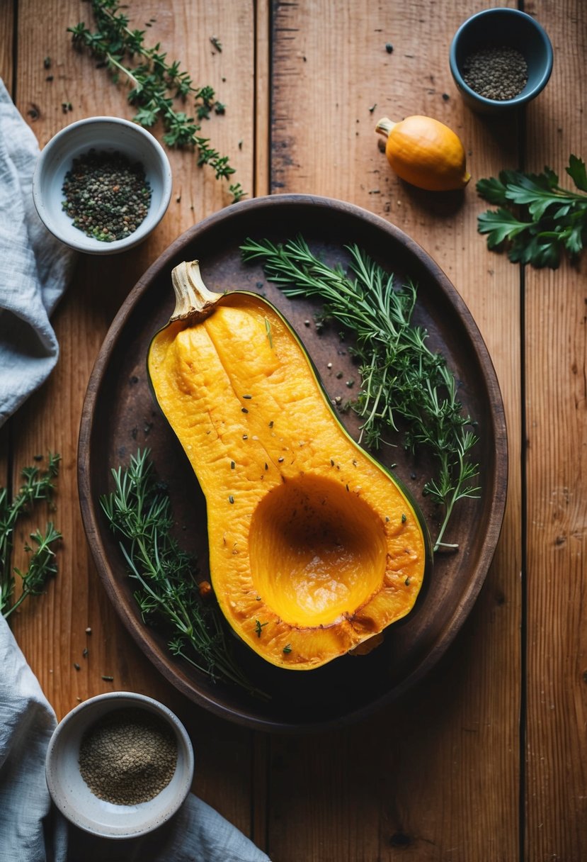 A rustic wooden table displays a golden roasted delicata squash, surrounded by fresh herbs and spices