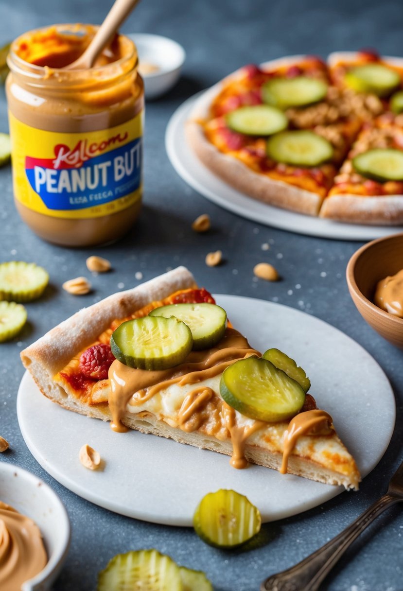 A slice of pizza topped with pickles and peanut butter, surrounded by scattered ingredients and a jar of peanut butter