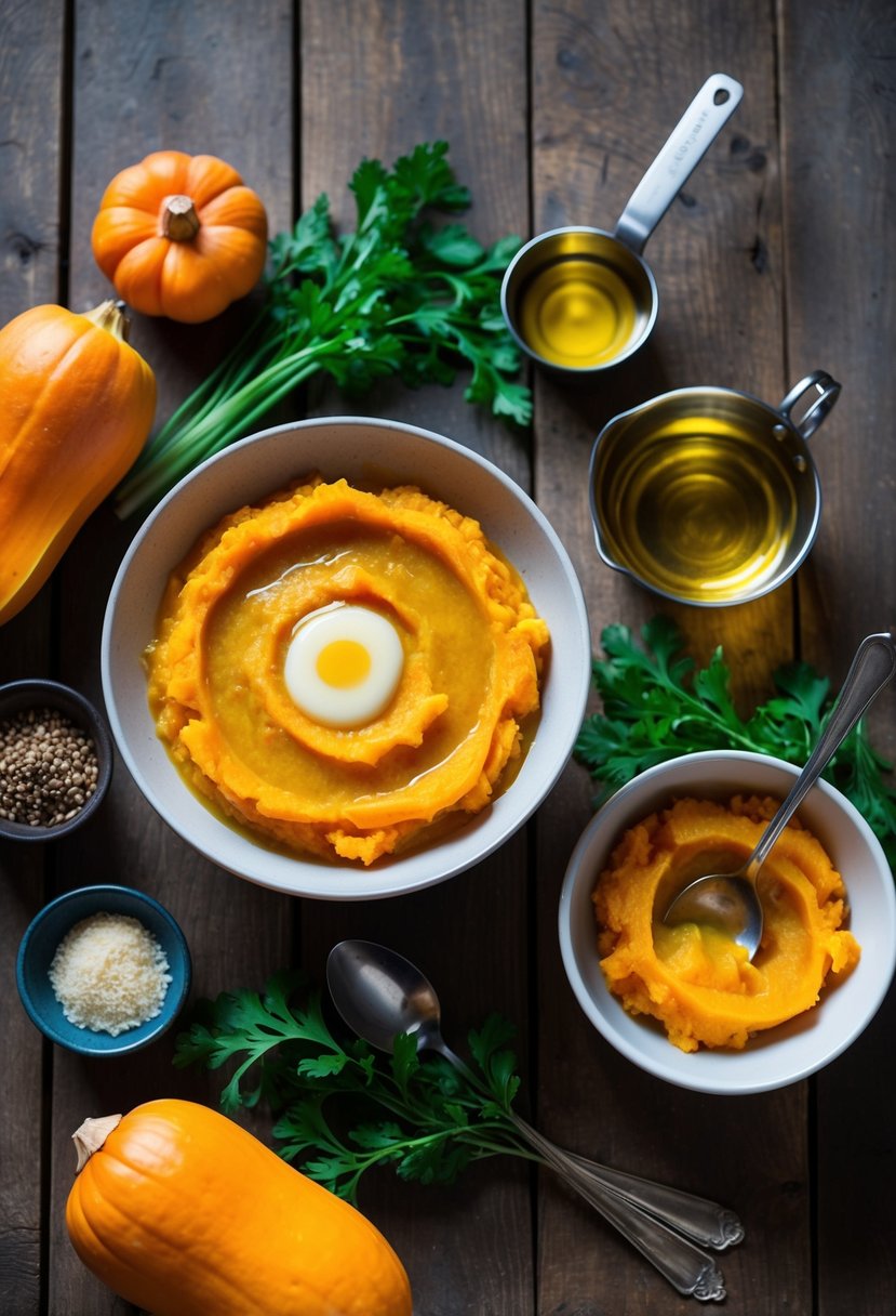 A rustic wooden table set with a bowl of butternut squash mash topped with a dollop of ghee, surrounded by fresh ingredients and cooking utensils