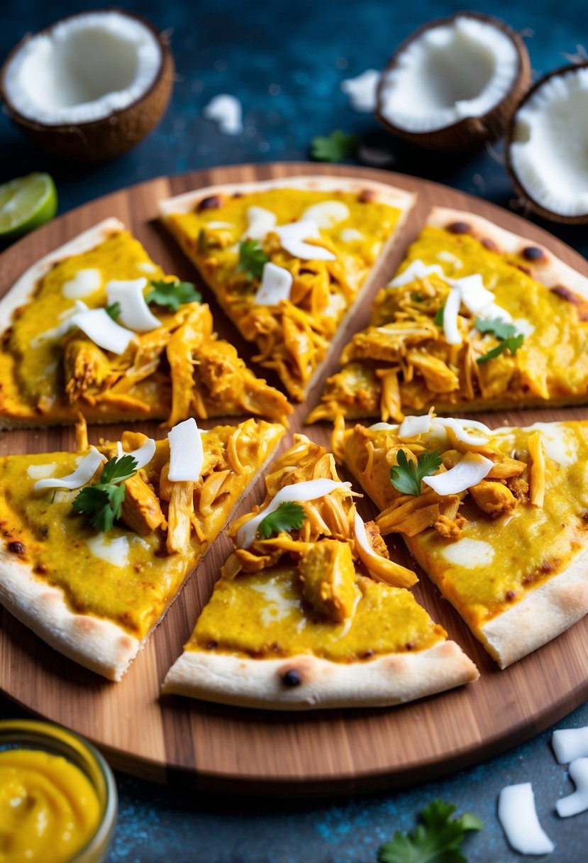 A coconut curry chicken pizza being served on a wooden pizza board, with vibrant yellow curry sauce, shredded chicken, and coconut flakes as toppings