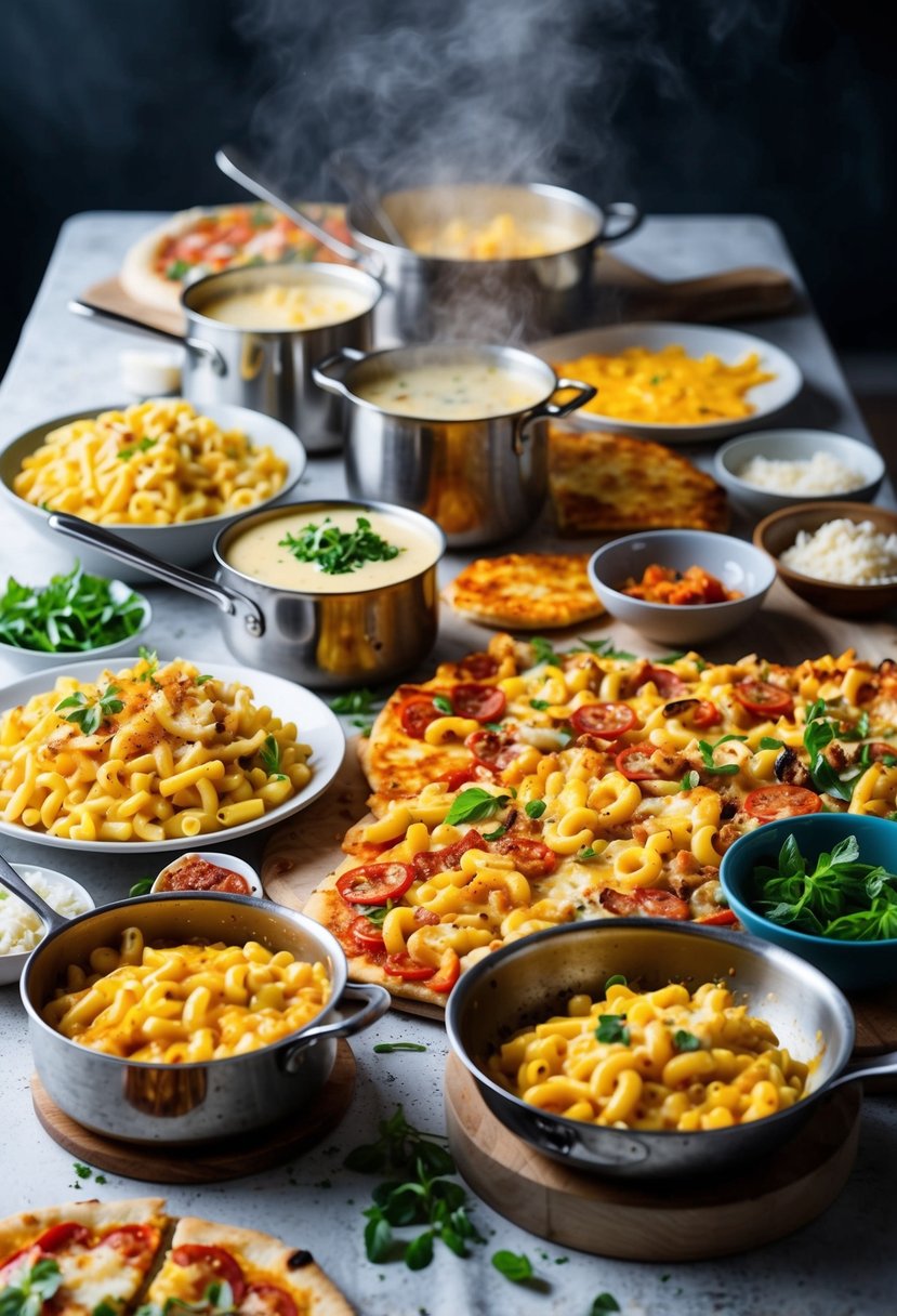 A table covered in a chaotic mix of mac and cheese and pizza ingredients, with pots boiling and cheese melting