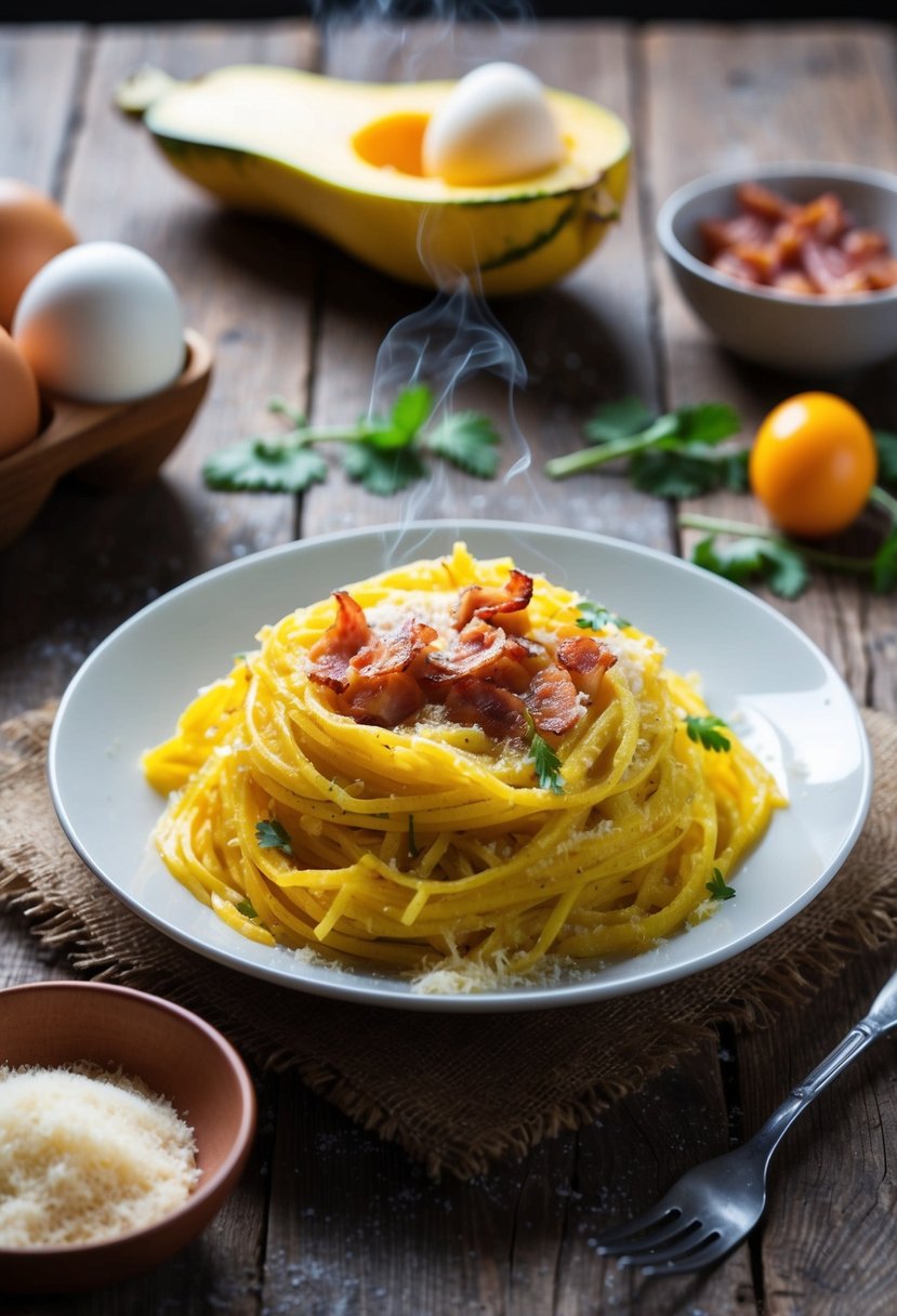 A steaming plate of spaghetti squash carbonara sits on a rustic wooden table, surrounded by fresh ingredients like eggs, bacon, and grated parmesan cheese