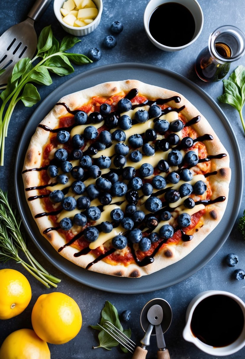 A pizza topped with blueberries and drizzled with balsamic glaze, surrounded by fresh ingredients and cooking utensils