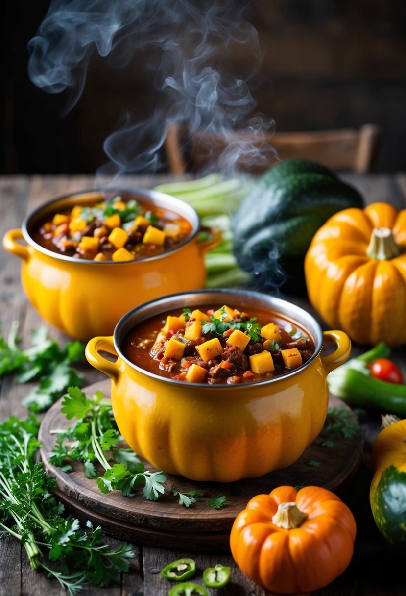 A steaming pot of kabocha squash chili surrounded by colorful vegetables and herbs on a rustic wooden table