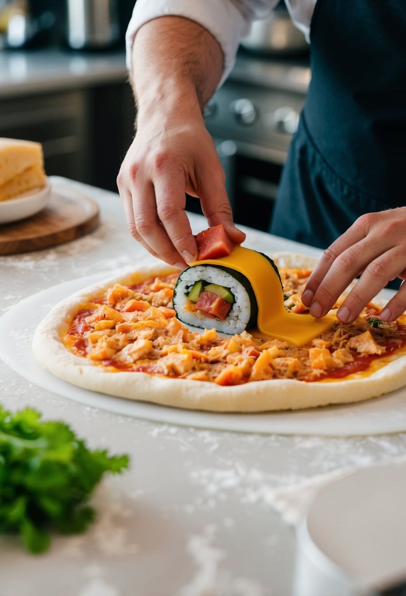 A sushi chef carefully places spicy tuna and cheese on a rolled-out pizza dough, creating a unique and unconventional pizza roll