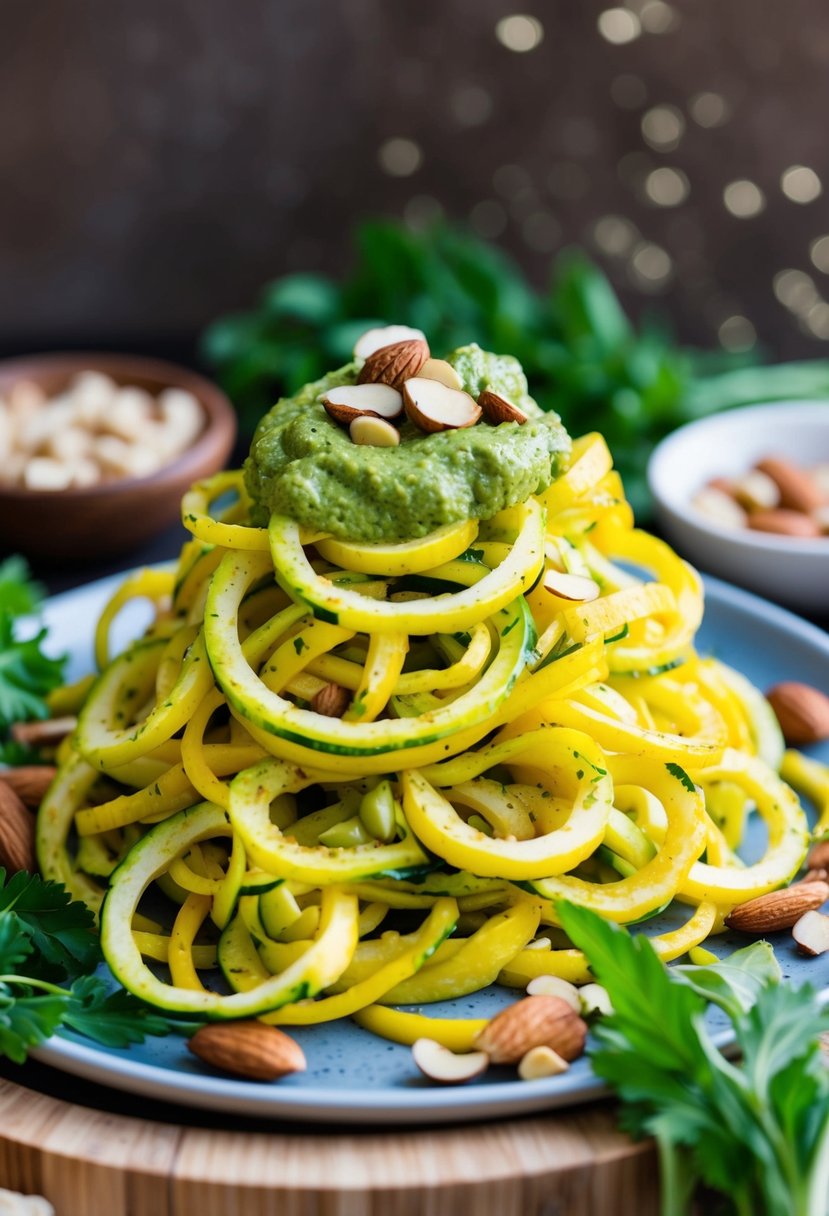 A colorful pile of spiralized squash noodles topped with vibrant green almond pesto sauce, surrounded by fresh herbs and nuts