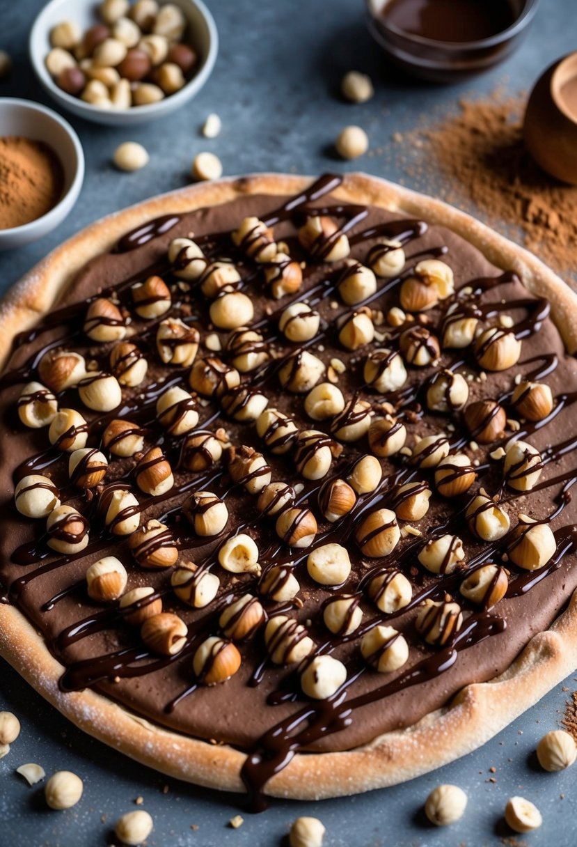 A chocolate hazelnut dessert pizza topped with nuts and drizzled with chocolate sauce, surrounded by scattered hazelnuts and cocoa powder