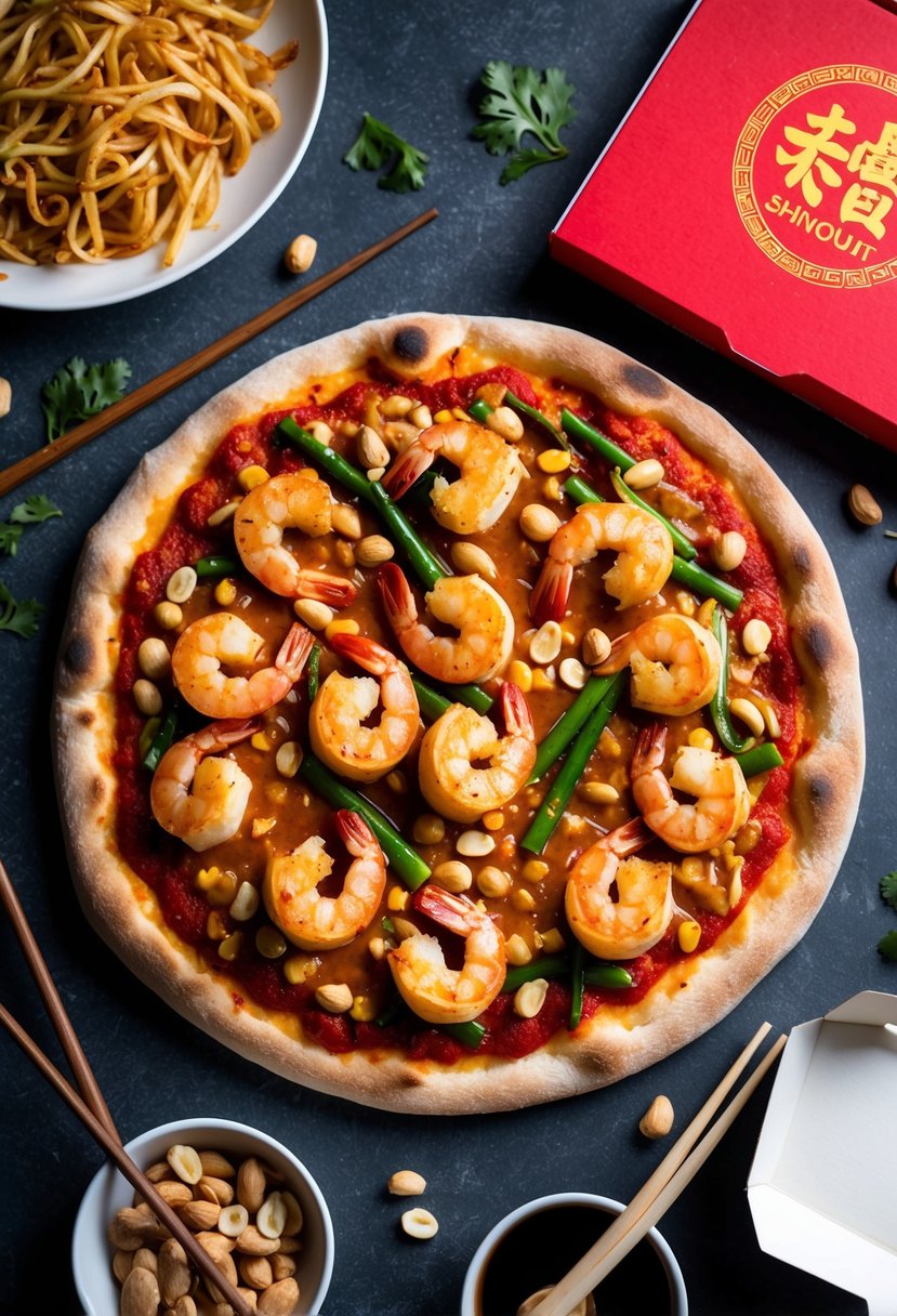 A pizza topped with kung pao shrimp, peanuts, and spicy sauce, surrounded by chopsticks and a Chinese takeout box