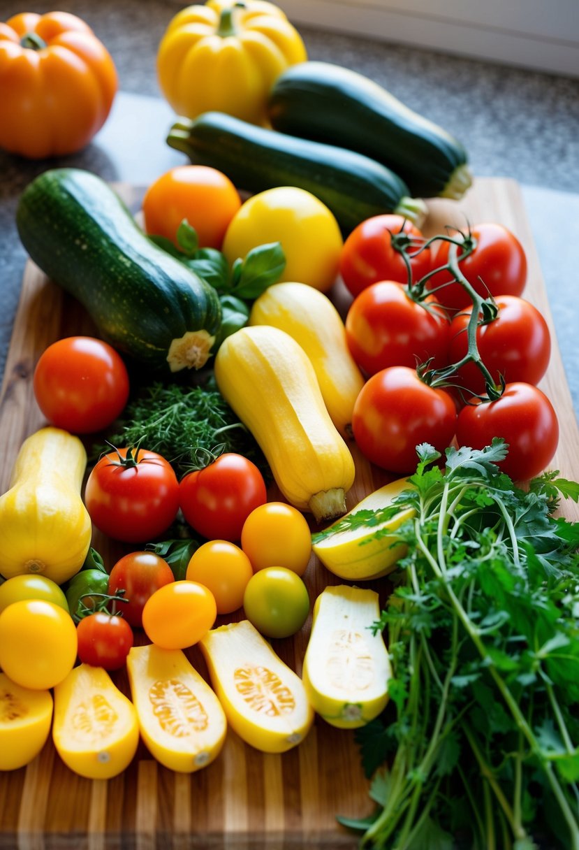 A colorful array of summer squash, tomatoes, and herbs arranged on a cutting board, ready to be chopped and cooked into a delicious ratatouille