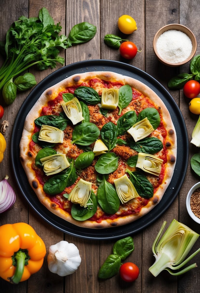 A pizza topped with spinach, artichokes, and savory seasonings, surrounded by colorful ingredients and a rustic wood background