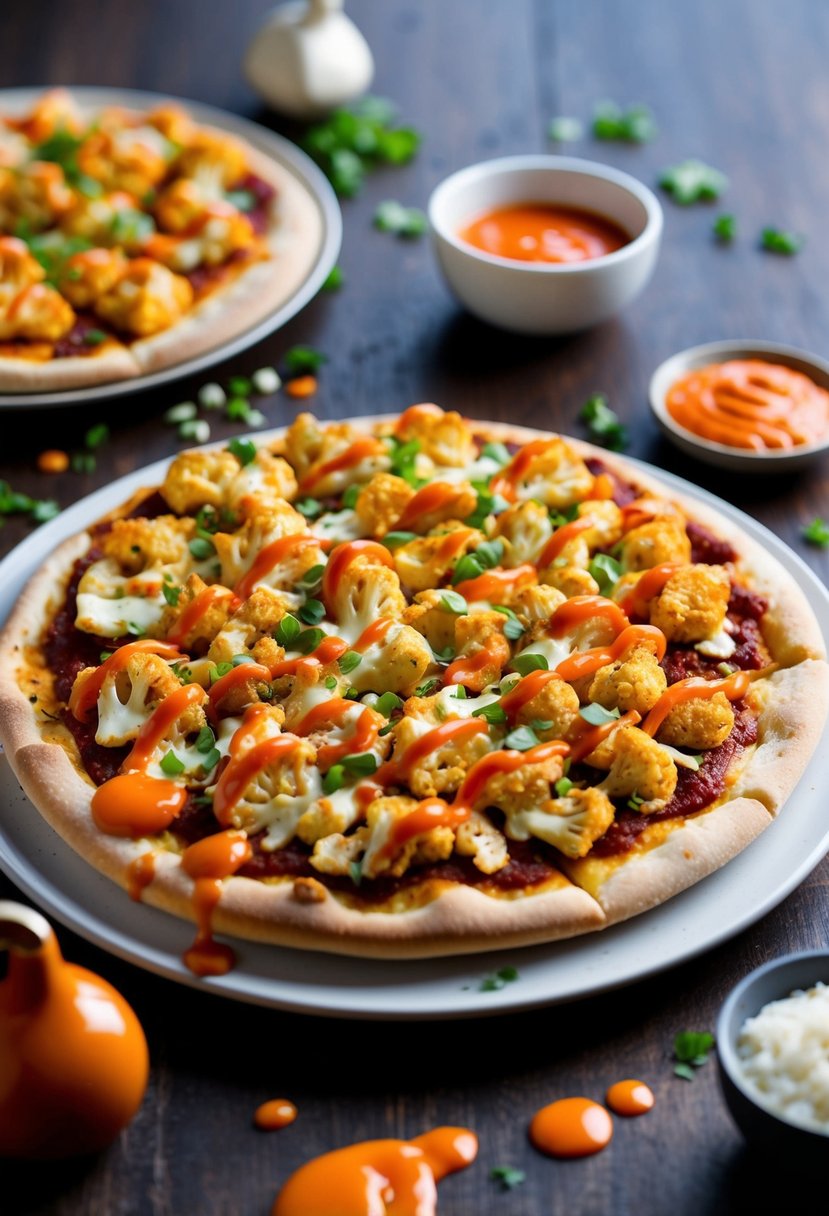 A platter of buffalo cauliflower crunch pizza surrounded by scattered ingredients and a drizzle of hot sauce