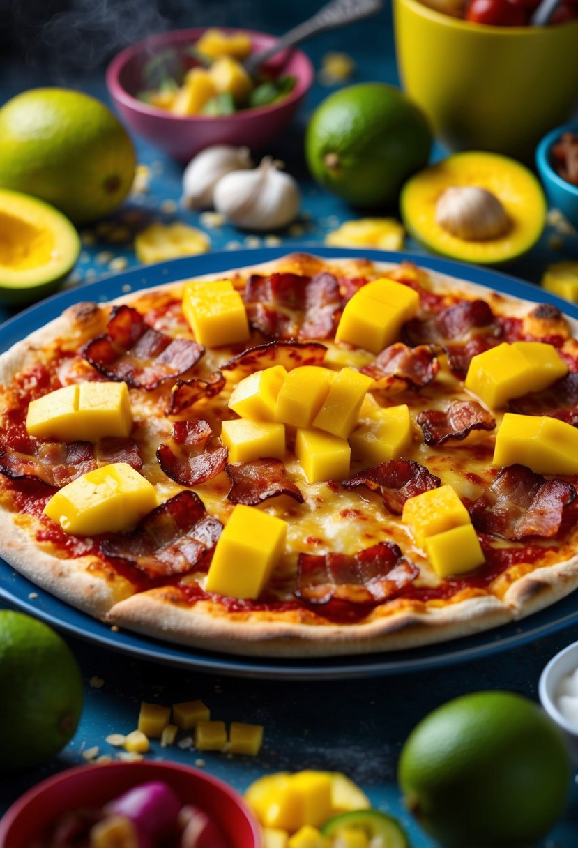 A sizzling pizza topped with crispy bacon and juicy mango slices, surrounded by vibrant ingredients and a playful, whimsical atmosphere