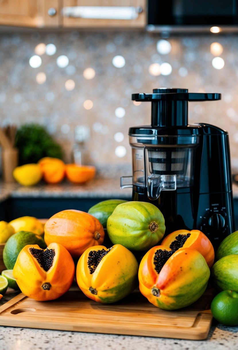 A colorful array of ripe papayas, a cutting board, and a juicer on a kitchen counter