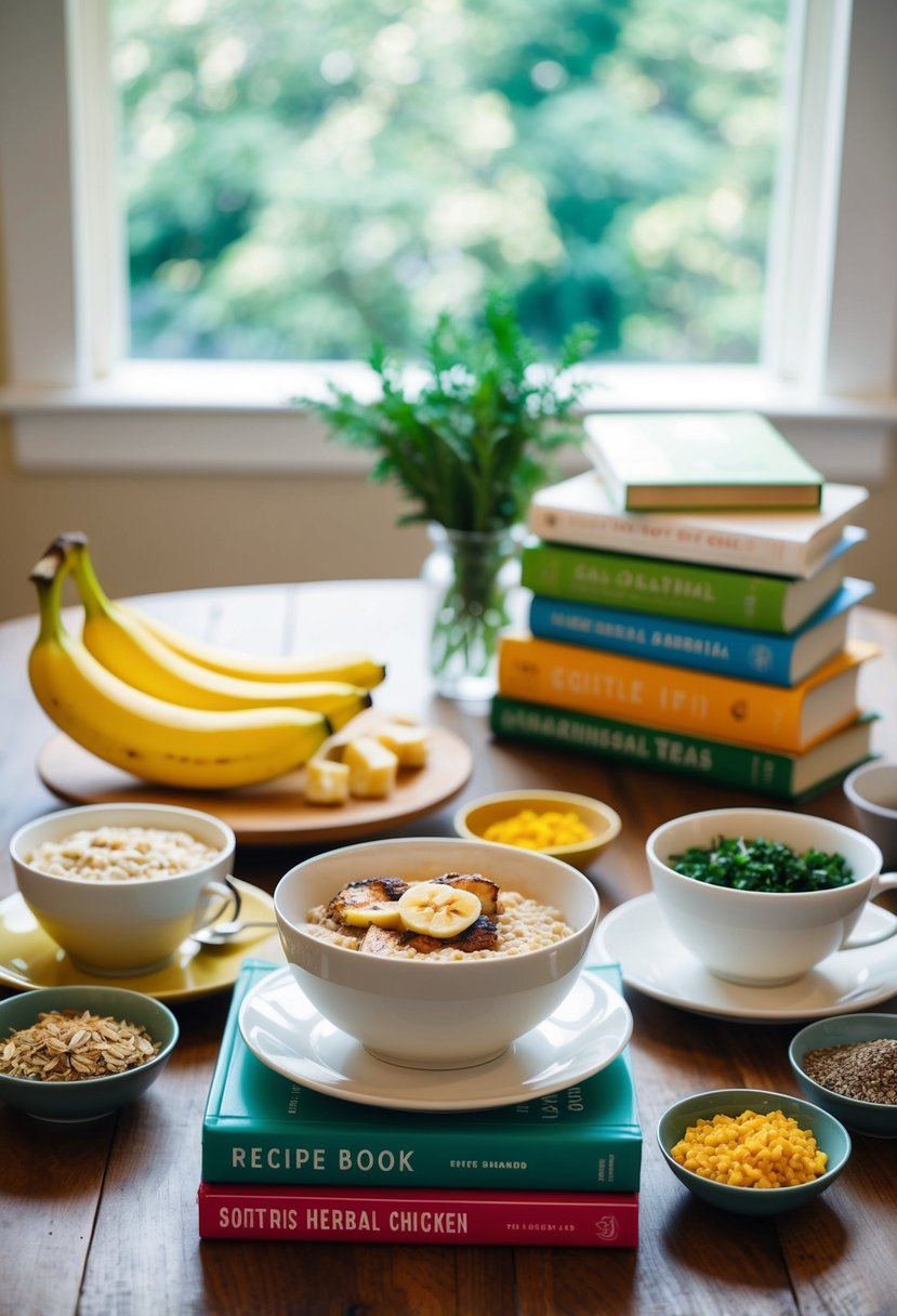 A table set with gentle, non-acidic foods like oatmeal, bananas, and grilled chicken, surrounded by soothing herbal teas and a stack of recipe books