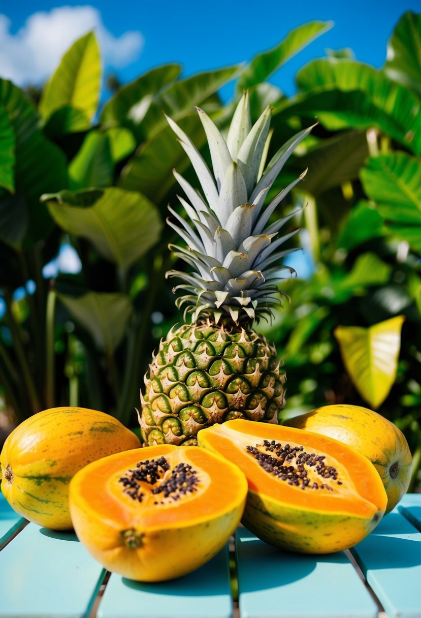 A vibrant tropical scene with ripe papayas and pineapples set against a backdrop of lush green foliage and a bright blue sky