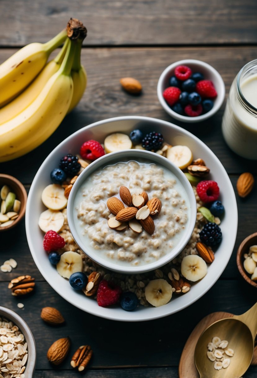 A bowl of oatmeal with almond milk, surrounded by a variety of ingredients such as bananas, berries, and nuts, sits on a wooden table