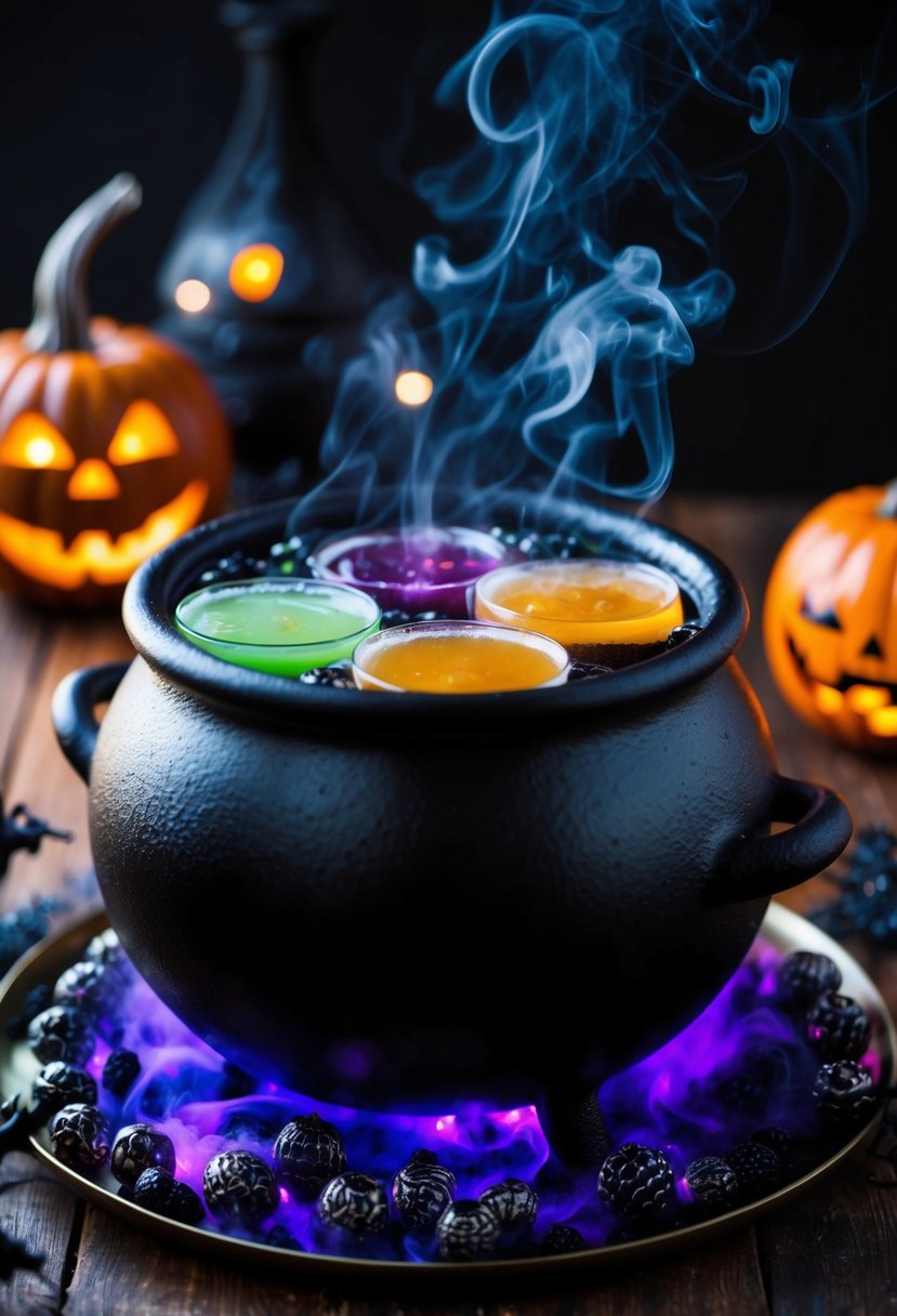 A witch's cauldron bubbling with colorful Halloween cocktails. Smoke and eerie lighting add to the spooky atmosphere