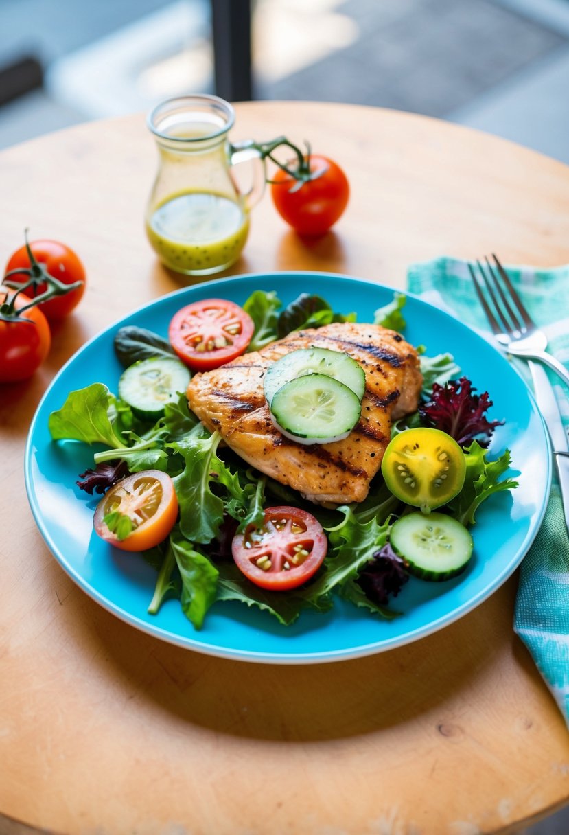 A colorful plate with grilled chicken, mixed greens, tomatoes, cucumbers, and a light vinaigrette dressing