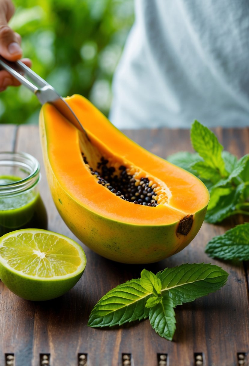 A ripe papaya being sliced open, with mint leaves and other fresh ingredients arranged nearby for juicing