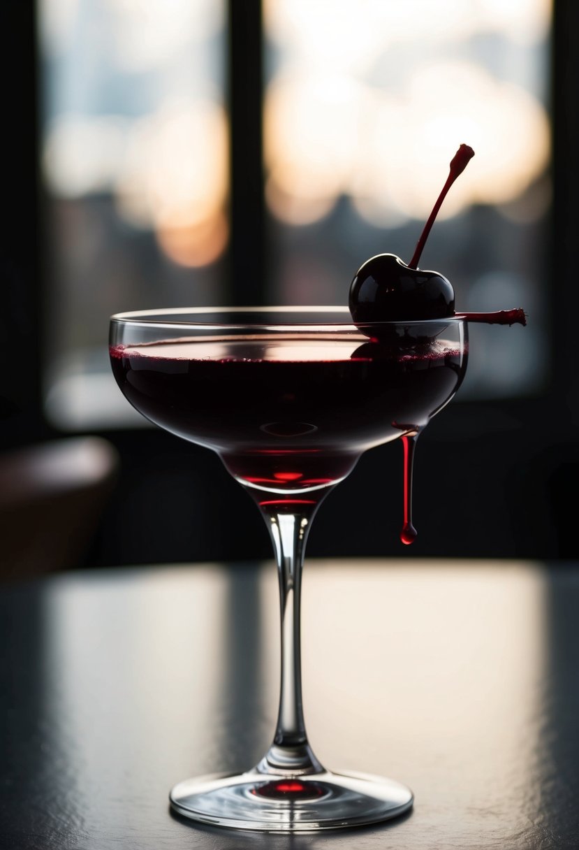 A dark, elegant cocktail glass with a deep red liquid, adorned with a black cherry and a drizzle of blood-red syrup