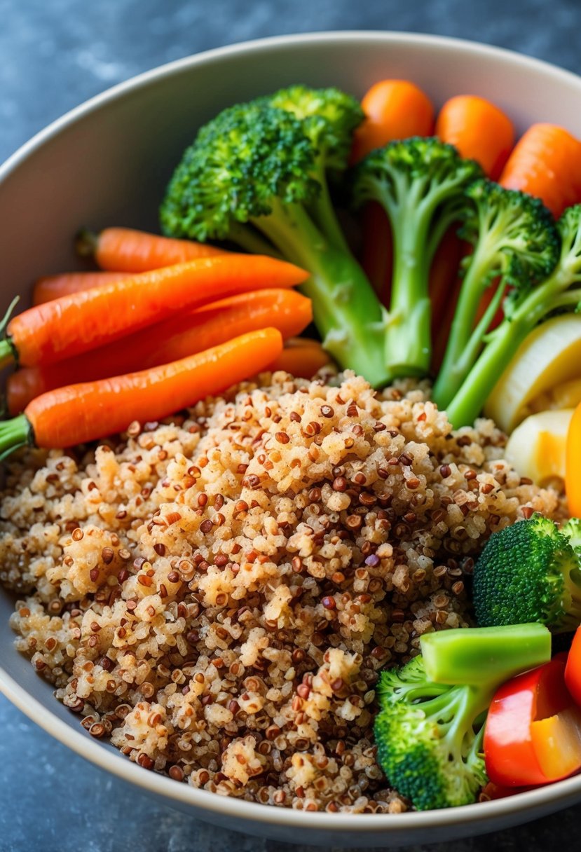 A colorful bowl of quinoa topped with an assortment of steamed vegetables, including broccoli, carrots, and bell peppers, arranged in an appetizing and balanced composition