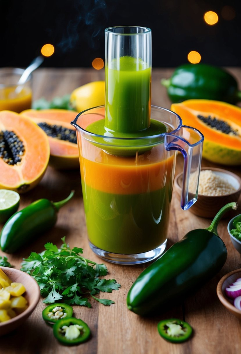 A vibrant papaya and jalapeño fusion, surrounded by fresh ingredients and a juicer, with a hint of spice in the air