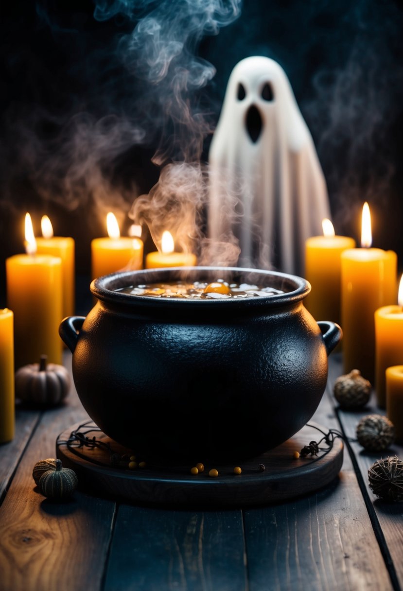 A bubbling cauldron sits on a dark, wooden table surrounded by flickering candles and a misty fog, while a ghostly figure hovers in the background