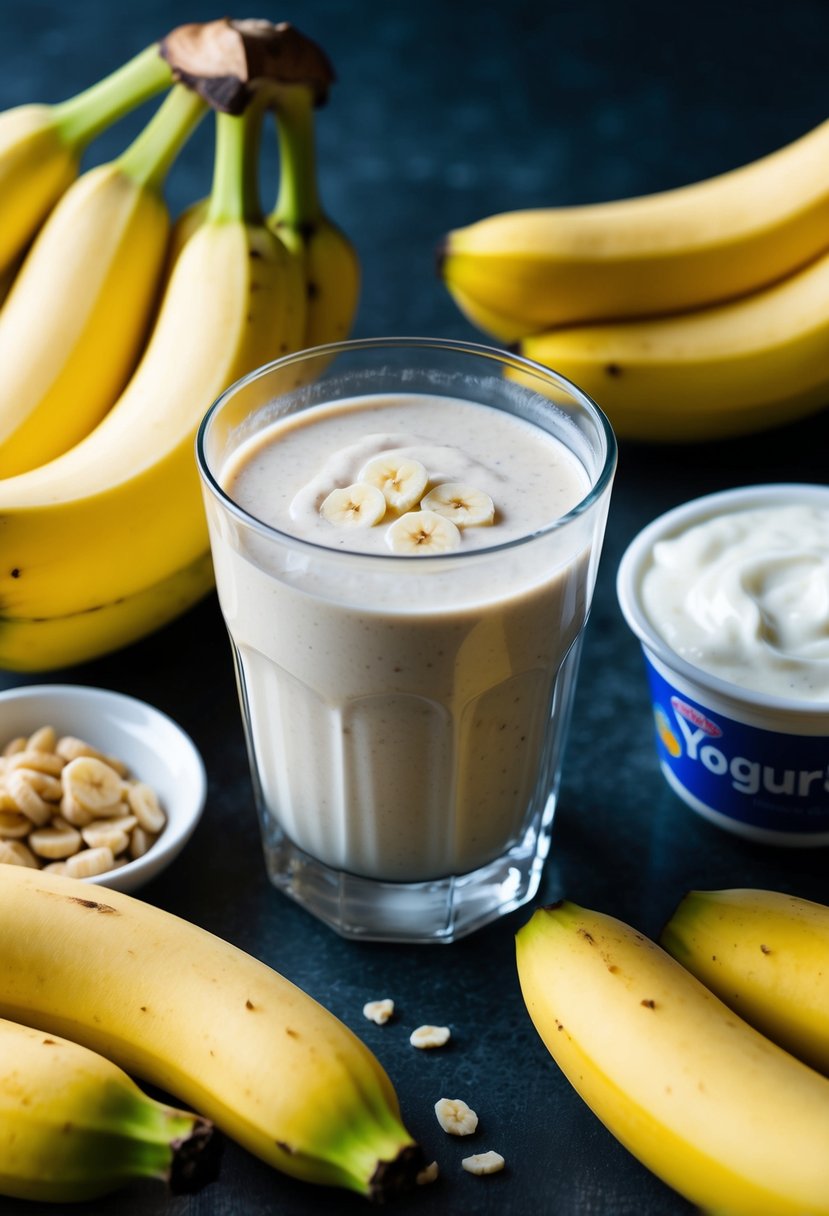 A glass of banana and yogurt smoothie surrounded by fresh bananas and a container of yogurt