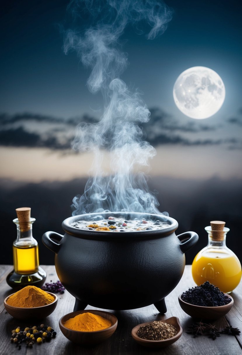 A bubbling cauldron surrounded by potion ingredients and a misty, moonlit sky